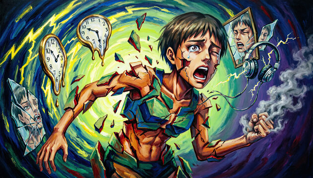 Abstract expressionist painting merging swirling impasto with Cubist fragmentation, depicting an anime-proportioned figure. Generative AI