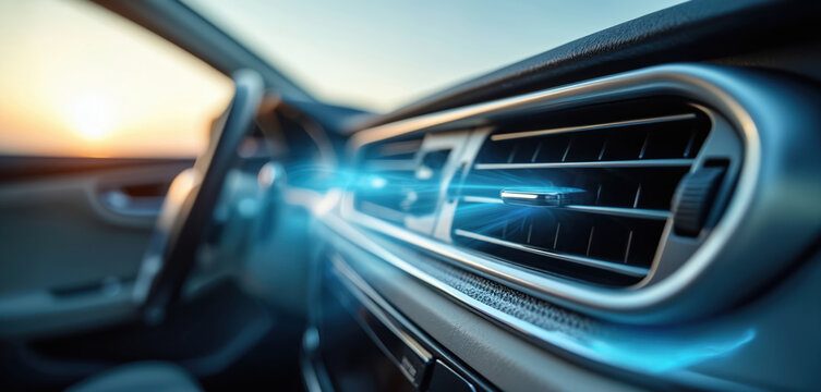 Car air conditioner vent blowing cool blue air on dashboard. Modern auto interior. Gentle light beam from vent shows airflow. Sun sets outside car.