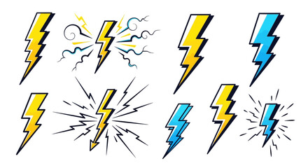 Set of cartoon lightning bolt icons in various styles with outlines © Luqman