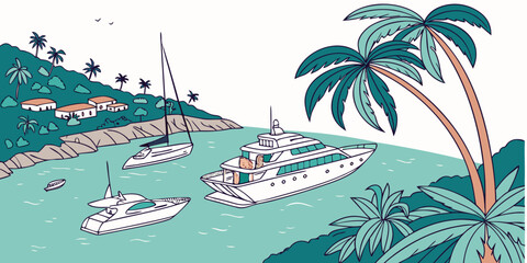 Boats anchored in a tropical bay with palm trees Vector ©  MST RABEYA  BEGUM