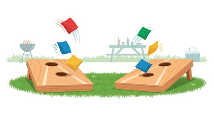 Cornhole game illustration bags flying towards wooden boards on green grass © Luqman