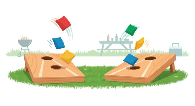 Cornhole game illustration bags flying towards wooden boards on green grass