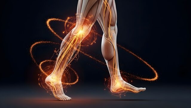 Human leg muscle anatomy and nervous system energy. Biomechanics and athletic performance. 3D visualization of running legs with glowing energy lines representing nerve signals