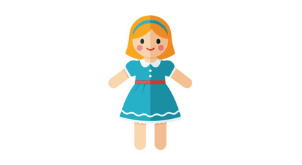 A cartoon illustration of a girl doll wearing a blue dress standing alone against a clean white background, conveying a cheerful mood with bright colors.