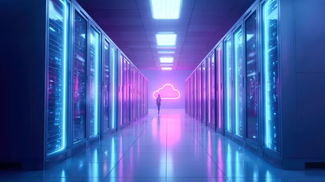 A futuristic data center with neon lights and a cloud symbol, highlighting digital technology