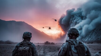Obraz premium Soldiers observe helicopters during a military operation at sunset.