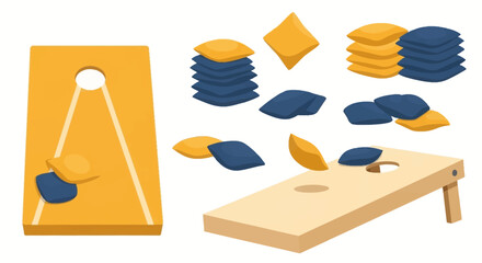 Cornhole game elements illustration of boards and bean bags in warm colors © Luqman