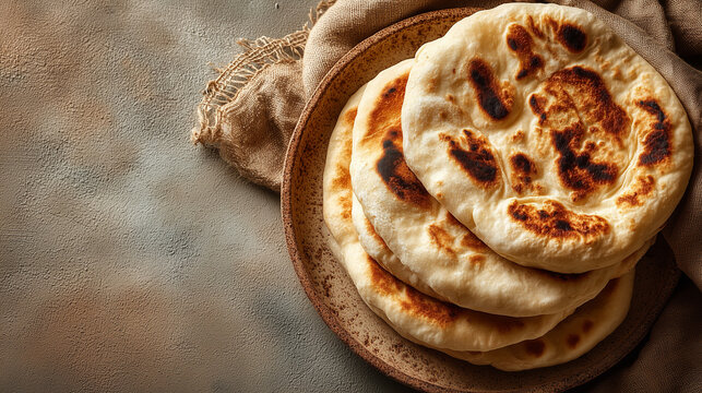 Overhead Flat Lay of Freshly Baked Arabic Khubz Bread Stacked on Plate with Soft Flour Texture on Bright Beige Background