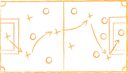 Hand-drawn football play diagram with tactical movements and player positions outlining a strategic game plan for achieving victory on the field. © Alstocker