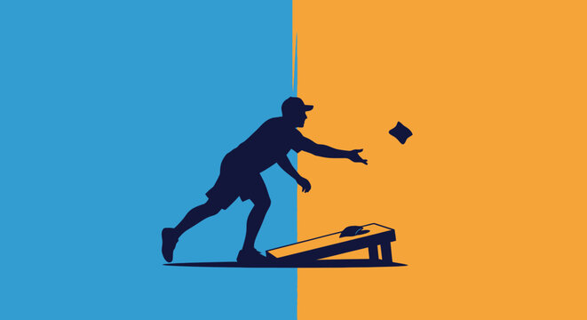 Silhouette of a person playing cornhole in a blue and orange split background