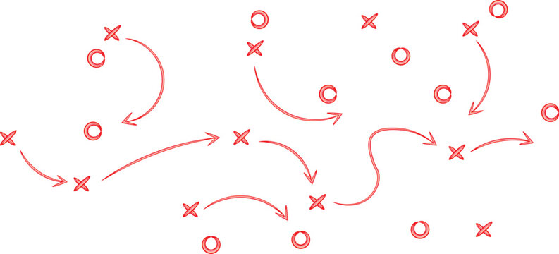 Abstract visual representation of an Xs and Os game strategy with directional arrows showing movement paths across the field.