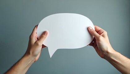 Obraz premium Hands hold blank white speech bubble graphic. Concept for conversation, messages, ideas, and communication. Use for chat, feedback, dialogue, questions, and opinions.