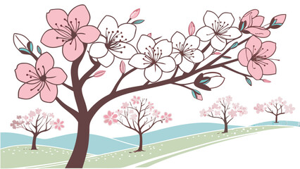 A tree with pink flowers and birds on a sunny day Vector