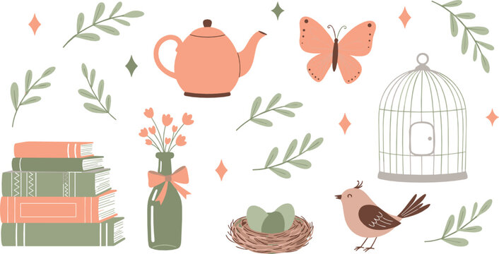 Vintage cottagecore elements flat vector illustration with teapot books bird nest butterfly cage and botanical branches