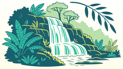 A serene waterfall surrounded by lush greenery and tropical plants Vector ©  MST RABEYA  BEGUM