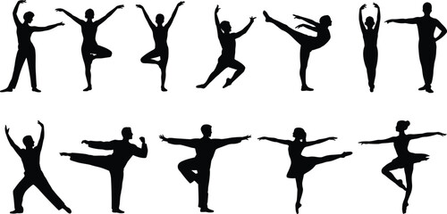 Silhouette ballet dancers in classical poses, pirouettes, arabesques, elegant dance illustration, cultural art, graceful movement, ballet performance silhouettes © Masum's World