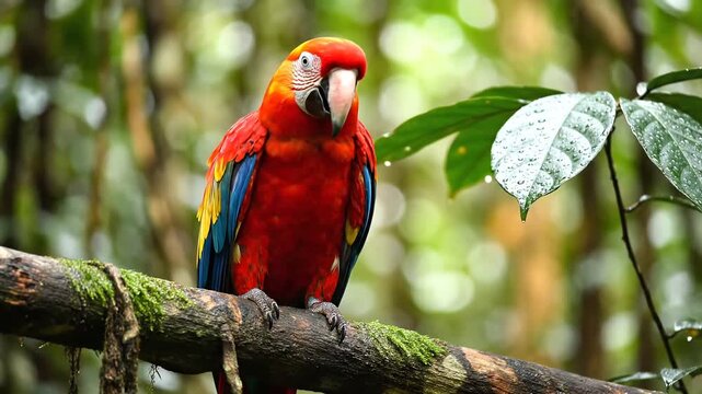 Scarlet Macaw Parrot Perched on a Mossy Branch in Lush Rainforest.