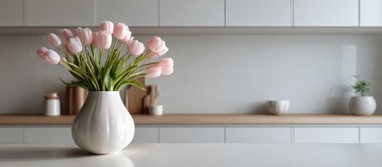 Naklejka premium Pink tulips in a white vase on a kitchen counter with soft lighting decor
