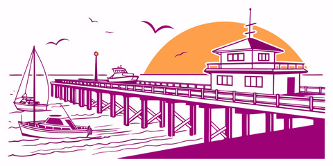 A purple and orange illustration of a pier at sunset Vector