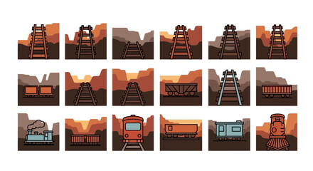 Set of railway tracks and train cars in a desert landscape at sunset, featuring various perspectives and elements. © ryu