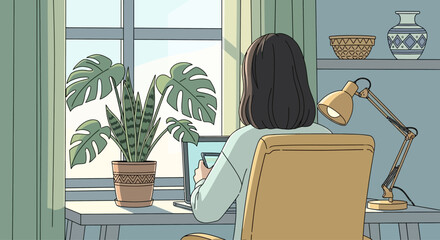 Fototapeta premium Woman working on laptop at desk with plants and lamp, natural light from window