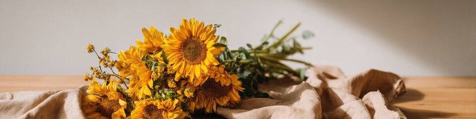 Obraz premium Sunflowers laying on a wooden table with linen fabric as a rustic floral decoration for home interior styling, kitchen aesthetic, and social media content background