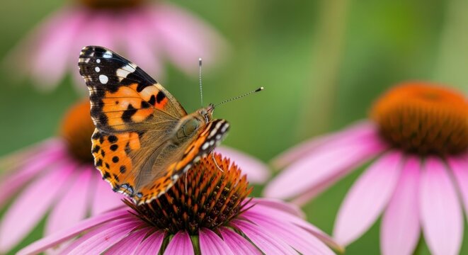 A vibrant orange butterfly with black and white markings is perched on a pink coneflower, surrounded by other pink flowers in a garden setting.