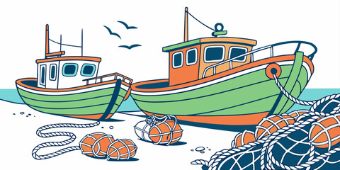 Two green and orange fishing boats on the water with nets and buoys Vector ©  MST RABEYA  BEGUM