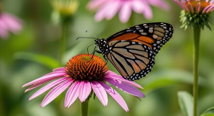 A monarch butterfly perched on a pink coneflower, surrounded by a vibrant garden of flowers and lush greenery.