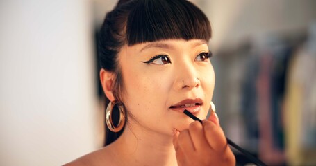 Getting ready, makeup and stylist with model in studio for behind the scenes photography. Cosmetic...