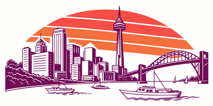 A city skyline with a bridge and a tower at sunset Vector