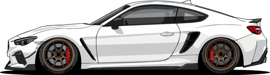 A sleek white sports car viewed from the side, showcasing its aerodynamic design and vibrant red brake calipers on a clean background © Faisal