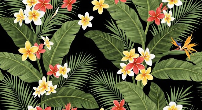 Seamless Tropical Pattern with Plumeria Flowers and Palm Leaves