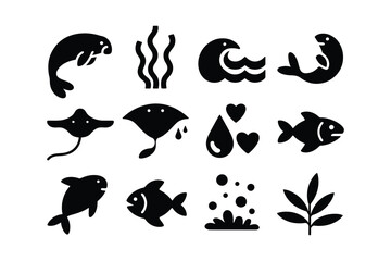 Fish sea icon set with various ocean creatures and symbols