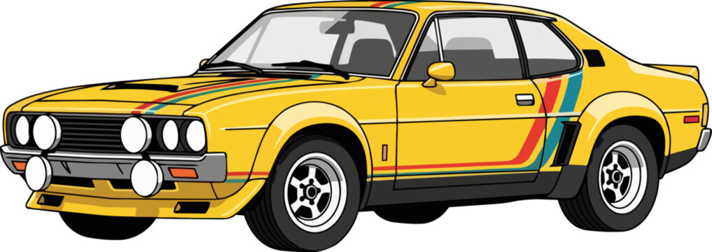 Vintage yellow sports car illustration with distinctive stripes and fog lights, viewed from the front at an angle