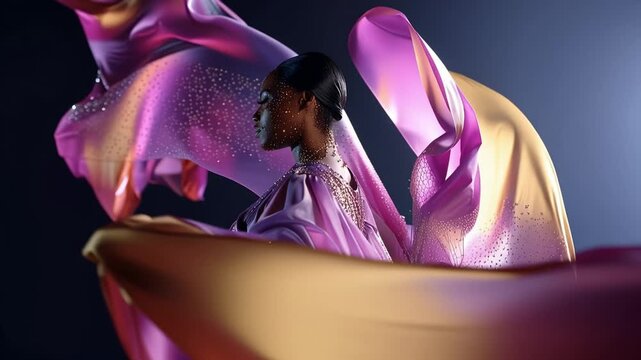 Elegant figure dances under glowing, flowing fabric