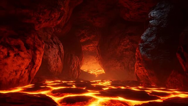 Glowing magma flow inside a dark rocky cavern adventure underground exploration fantasy scene, lava, cave.