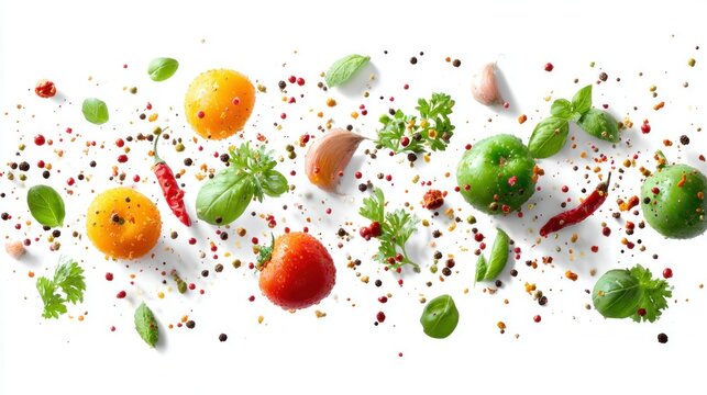 Fresh ingredients and colorful peppercorns scattered in a dynamic culinary composition
