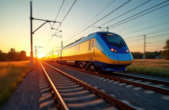 Modern blue and yellow electric train travels on tracks at sunset. Fast passenger rail speeds through rural landscape with fields and trees. Sustainable transport future.