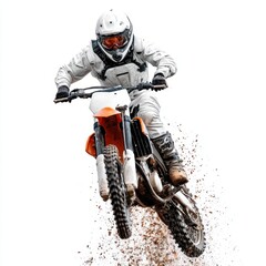 A motocross racer in full gear performs a jump on a dirt bike, creating a cloud of dirt and mud.
