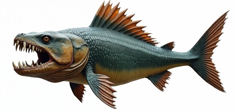 Extinct Dunkleosteus creature illustration. Predatory armored fish with sharp teeth. Ancient marine reptile swims in dark deep water. Prehistoric ocean predator illustration.