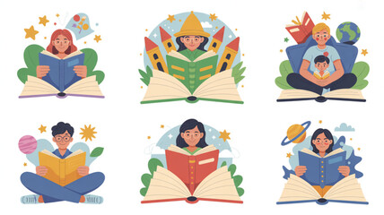 Obraz premium People reading books in various relaxed poses with educational and fantasy elements around them
