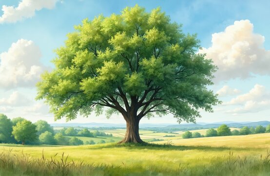 Large elm tree stands tall in vibrant green meadow under bright blue sky with fluffy clouds. Rolling hills, golden fields stretch into distance, creating serene rural landscape. Watercolor style