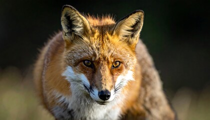 Fototapeta premium Red fox with golden eyes looks intently at the camera against a dark, blurred background