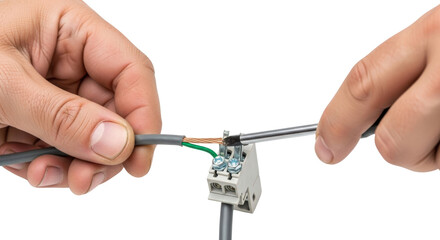 Close-up of hands connecting a grey electrical wire with green and brown insulated copper strands to a white terminal block using a screwdriver, illustrating electrical installation and wiring