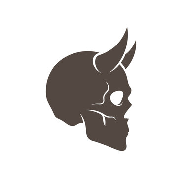 Brown devil skull head with horns profile view side  scary symbol