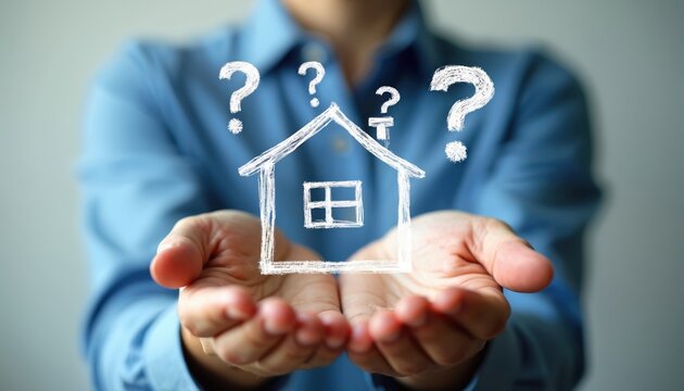 Person holds drawn house with question marks above. Represents real estate choices, property ownership doubts, and investment decisions for buyers and sellers.