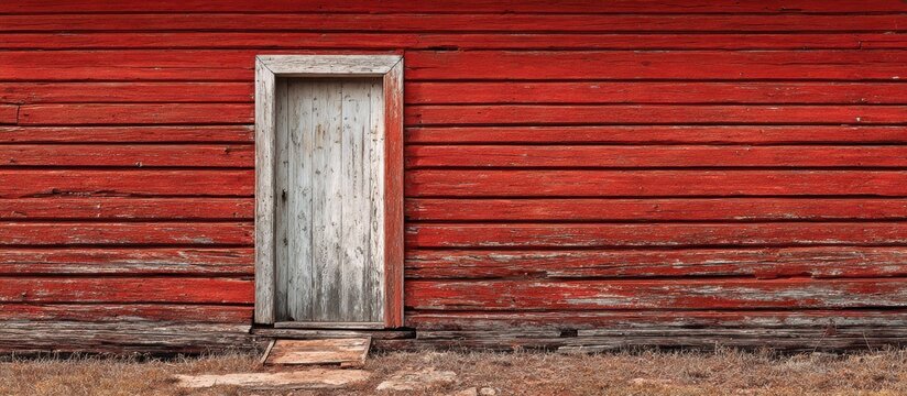 Rustic weathered wooden door on the side of an old red barn