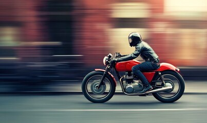 A motorcyclist in a black helmet and leather jacket speeds along a road with a classic red bike.