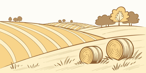 A field with hay bales and trees in the background Vector ©  MST RABEYA  BEGUM